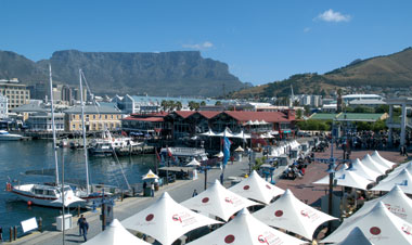 Victoria and Alfred Waterfront in Cape Town, South Africa overlooked by Table Mountain